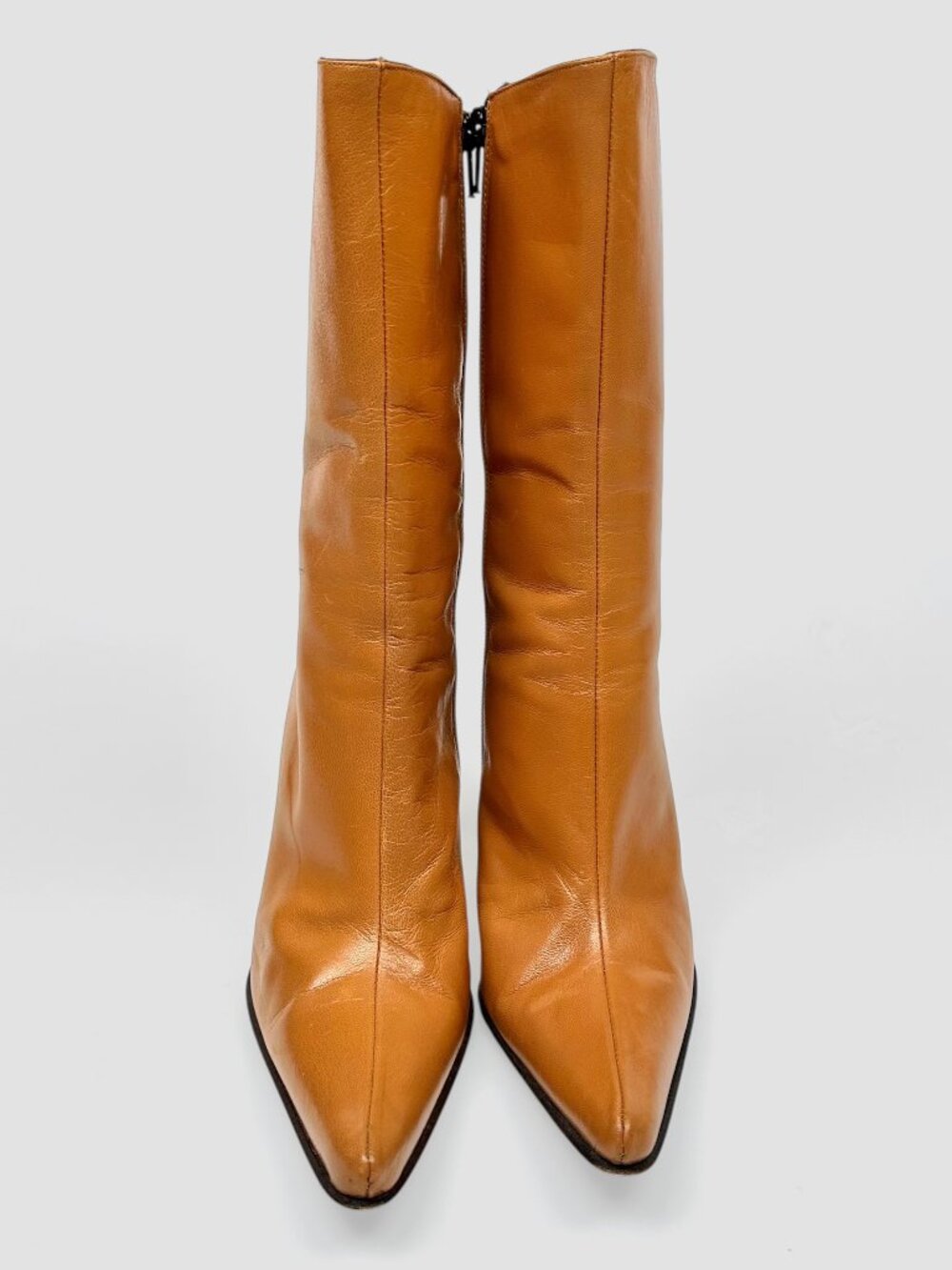 Charles David Cognac Spanish Leather Knee High Pointed Toe Metal Heel Boots - Picture 2 of 8